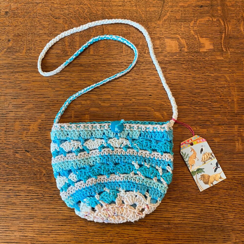 Handmade crochet cross-body bag striped cinch closure polka dot lining - Picture 2 of 7